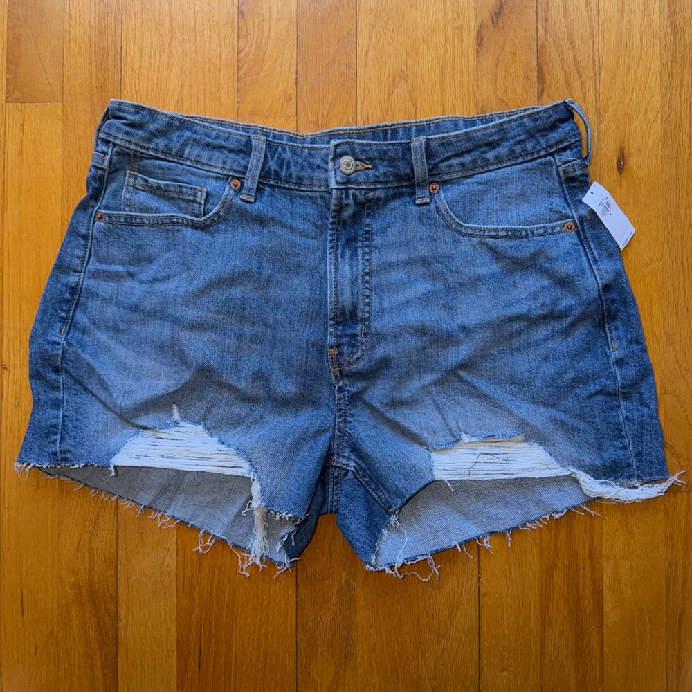 NEW Old Navy OG Straight High-Rise Distressed Denim Shorts Stretch Blue Size‎ 14